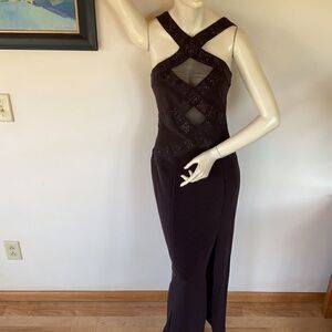 CACHE Stretch sleeveless cut out mesh maxi evening dress beaded comfy brown 8